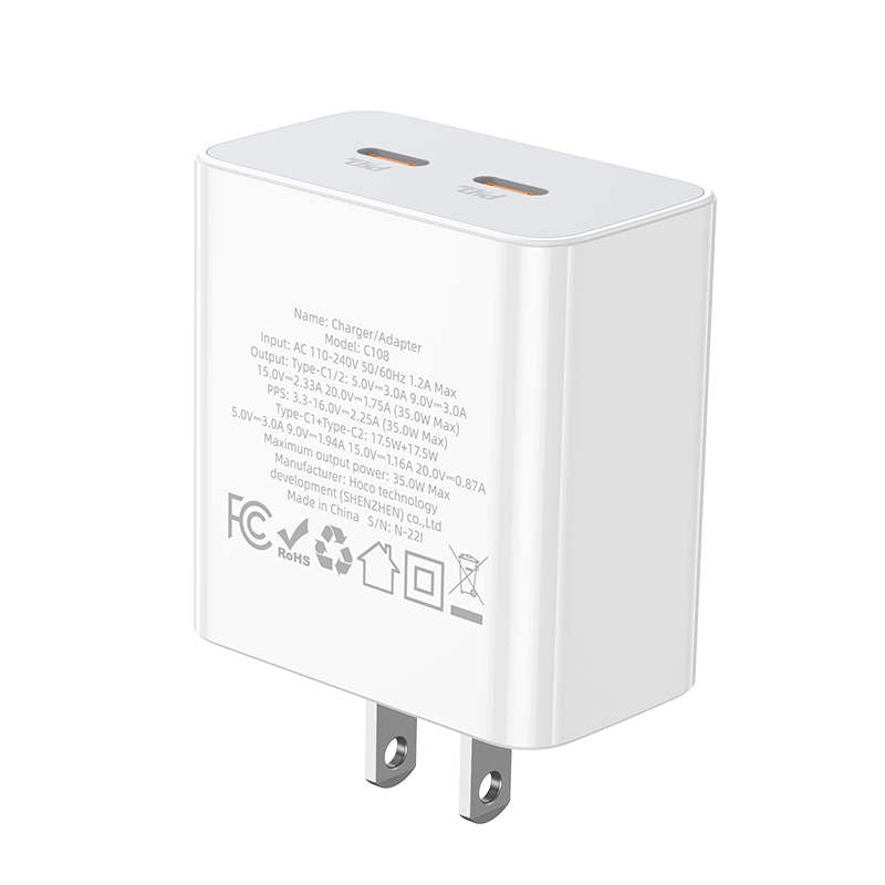 (35 W) Adaptateur secteur pour chargeur mural QC3.0 à deux ports USB-C (35 W) Adaptateur secteur pour chargeur mural QC3.0 à deux ports USB-C